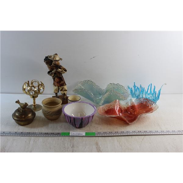 Plastic Dishes, Cup, Spanish Old Man Statue and Assorted Items