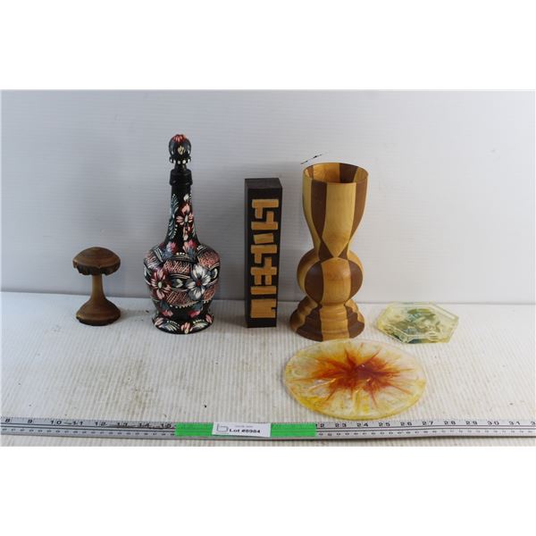 Wooden Decanter, Carved Wooden Mushroom, Wooden Vase, Resin Coaster and Mis