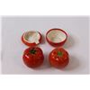 Image 2 : Tomato Themed Ceramic Salt & Pepper Shakers, Sugar Bowl, On Tray - Made in Occupied Japan