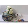 Image 1 : Rug Latch Hook Tools, Hat Box & Bridal Faux Bouquet, Round Collector Tin
