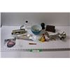 Image 1 : Green Glass Insulator, Federal Coin Bank Bronze Plated Train Car, Polaroid Camera - as is, Meat Grin