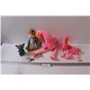 (3) Flamingo Stuffies, Ceramic Doll, Dumbo Rubber Toy, Misc.