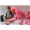 Image 3 : (3) Flamingo Stuffies, Ceramic Doll, Dumbo Rubber Toy, Misc.