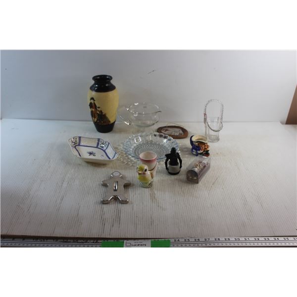Egg Cup Holder, Gravy Bowl, Vase, Decorative Bell, Glass Dish, Star Wars Toy and Assorted Items