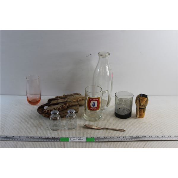 Baseball Glove, Vintage Milk Bottle, Silver Butter Knife, Salt & Pepper Shakers, Mug and Assorted It
