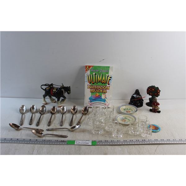 (10) Silver Dessert Spoons, Ultimate Bathroom Reader Book, (10) Miniature Mugs, Garfield Pin and Ass