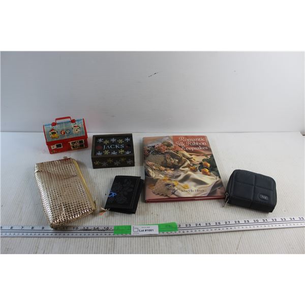 Romantic Silk Ribbon Book, Wallet, Clutch Purse, Wooden Box with Slide Lid and Assorted Items