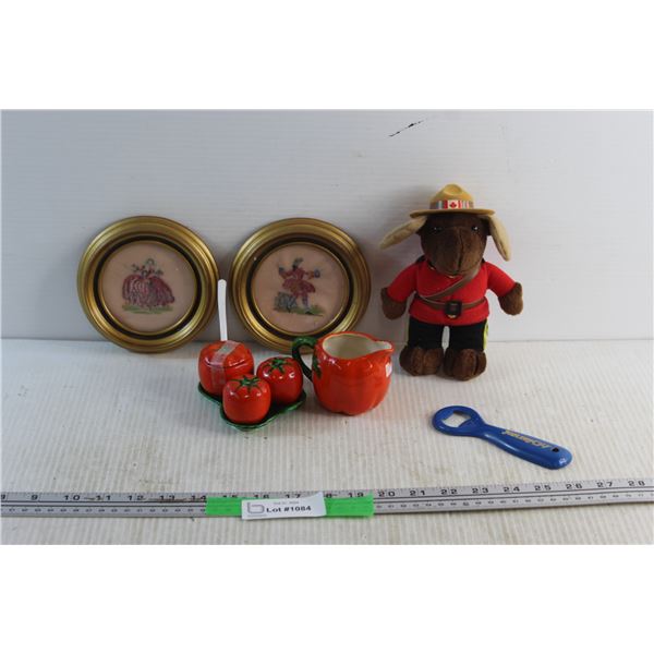 (2) Needle Point Framed Arts, Tomato Cream & Sugar and Salt & Pepper Shakers Set, Bottle Opener and 