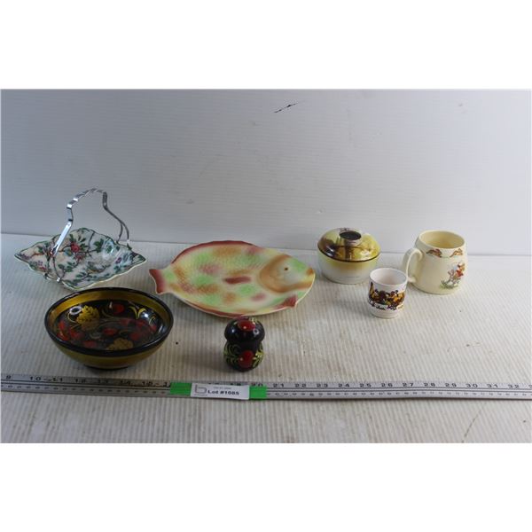 Ceramic Fish Serving Plate, Decorative Wooden Bowl, Candy Dish, Wooden Salt Shaker and Assorted Item