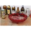 Image 7 : * Red Glass Bowl, Collectible Beer Glass Bottles and Cans