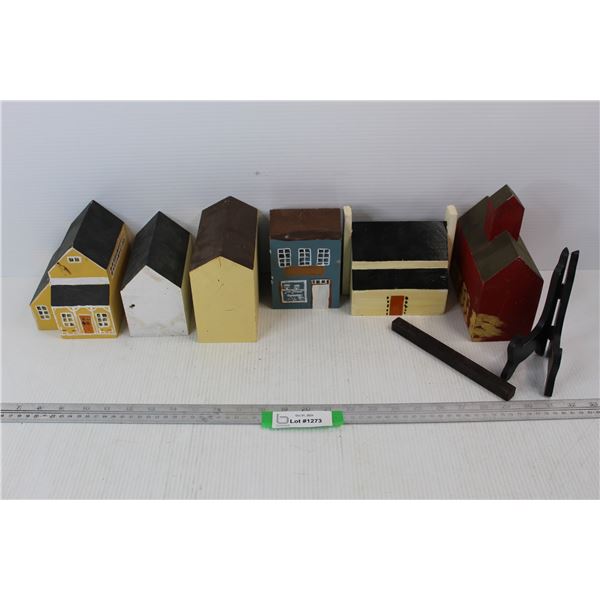 (6) Homemade Hand Painted Wooden Houses/ Buildings, Wooden Picture Stand, Misc.