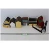 Image 1 : (6) Homemade Hand Painted Wooden Houses/ Buildings, Wooden Picture Stand, Misc.