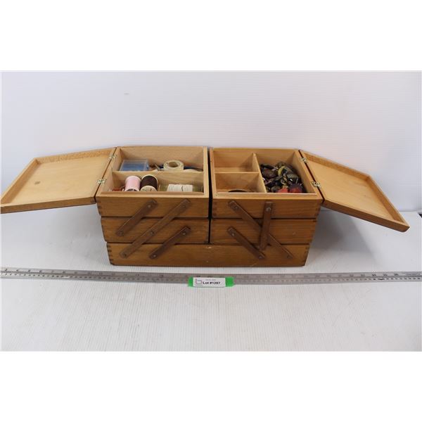 Vintage Wooden Accordion Sewing Kit, w/ Contents - Some Damage