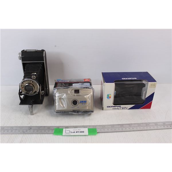 (3) Vintage Cameras, Pontiac, Olympus Infinity Twin, Sakar- (2) NIB