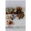 Bag Of Vintage Marbles, (2) Sets Of Owl Book Ends, Cups, Misc.