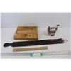(3) Vintage Wooden Pencil Boxes, Leather Razor Strop, Ruler, Misc.