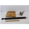 Image 2 : (3) Vintage Wooden Pencil Boxes, Leather Razor Strop, Ruler, Misc.