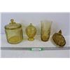 (4) Yellow Amber Glass Items - Depression Glass Cookie Jar, Egg Shaped Trinket Jar, Vase, and Depres