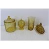 Image 2 : (4) Yellow Amber Glass Items - Depression Glass Cookie Jar, Egg Shaped Trinket Jar, Vase, and Depres