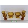 (6) Amber Glass Items - (4) Pedestal Wine Glasses, (2) Compotes