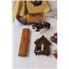 Image 2 : (5) Enameled Fruit Wall Decorations, Wooden Carriage Decoration, Wooden House Thermostat, Leather Cu
