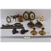 Image 1 : (2) Brass Candle Holders, (2) Brass Decorative Candle Holders w/ Handle, Plastic Chariot Wall Mount,