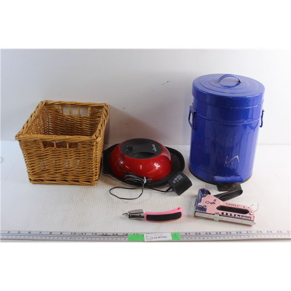 Woven Basket, Can Opener, Small Garbage Can, Vileda Robot Sweeper and Shall Stapler