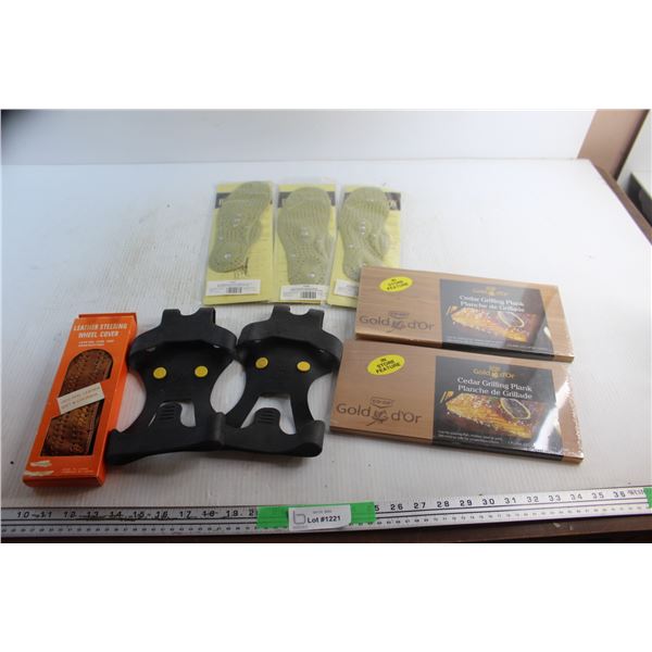(2) Cedar Grilling Planks, Leather Steering Wheel Cover, Acupuncture Insoles and Pair of Ice Tractio