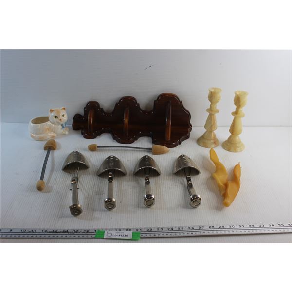 Cat Planter, Wall Hanging Wooden Shelf, (2) Candle Holders & Candles and Shoe Stretchers