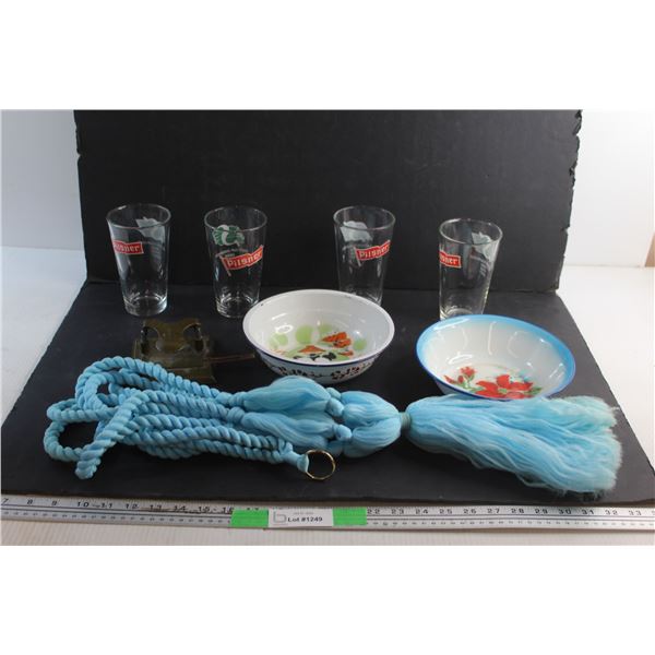 (4) Pilsner Glasses, (2) Enamel Bowls, Paper Punch and Plant Hanger