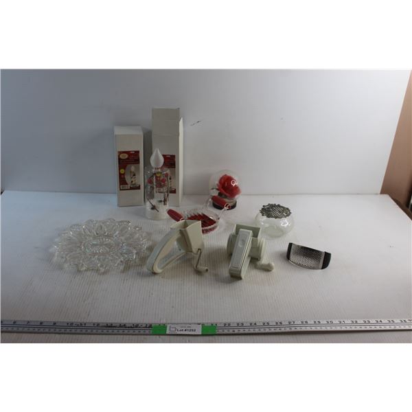 (2) Light Up Glass Candles, Cheese Graters, Garlic Press, Potato Press Cutter and Assorted Items