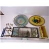 1393  (11) Souvenir Spoons, Chalkware Fruit Plate, Iridescent Plate, Pottery Planter and Mirror/Picture Co