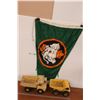 Image 1 : (2) Toy Earthmoving Trucks (1 is Tonka18" Length, Other is 16" Length) As is, Flag "Elmer The Safety
