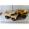 Image 3 : (2) Toy Earthmoving Trucks (1 is Tonka18" Length, Other is 16" Length) As is, Flag "Elmer The Safety