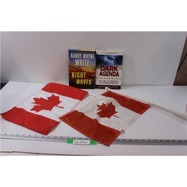 (2) Books: Night Moves & Dark Agenda, (2) Canadian Vehicle Flags