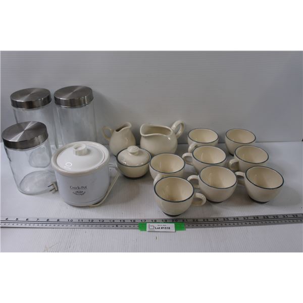 (8) Pfaltsaff Cups & Sugar & Creamer Set, (3) Glass Kitchen Canister Set, Mini Crockpot Warmer - Pow