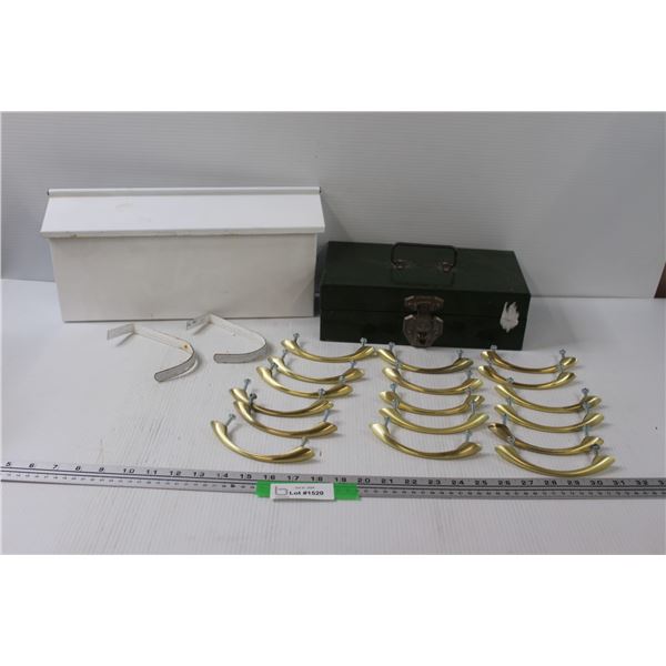 (17) Gold Cabinets Handles, White Mailbox, Green Metal Lock Box (No Key)