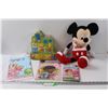Image 1 : Mickey Mouse Stuffie Toy, Simpsons Game Tin (Empty), Children's Birthday Lot: Tablecloth, Loot Bags,
