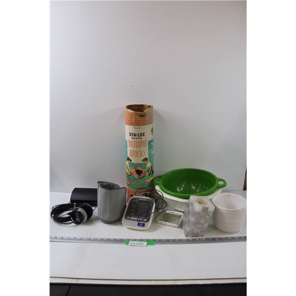 Sta-Loz Mini Building Blocks Set - as is, Headphones, (2) Plastic Strainers, Planter, Blood Pressure
