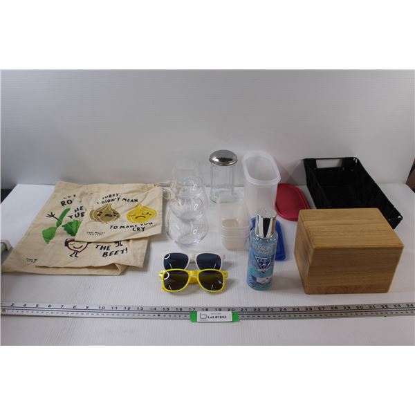 (3) Vegetable Sacks, (3) Wine Glasses, (2) Sunglasses, (3) Small Containers w/ Lids, Glass Sugar Con