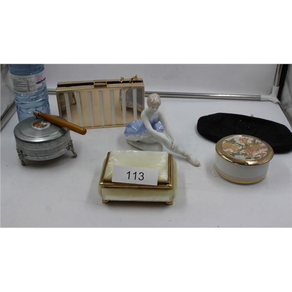 1 Ceramic Figurine, 1 Antique Mirror/Powder Dish,