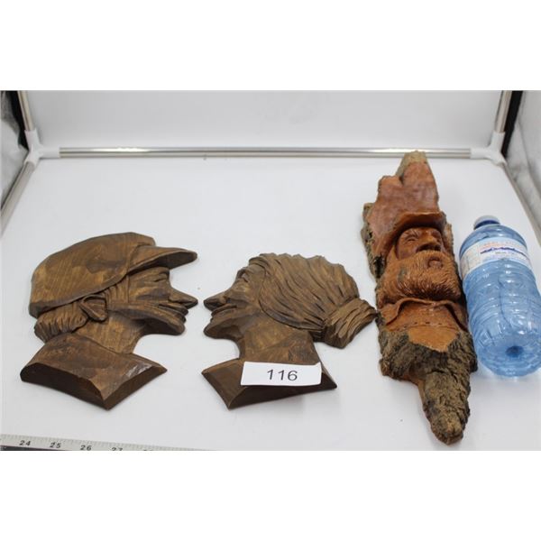 Signed Wooden Wall Art Bust and Carved Wood.