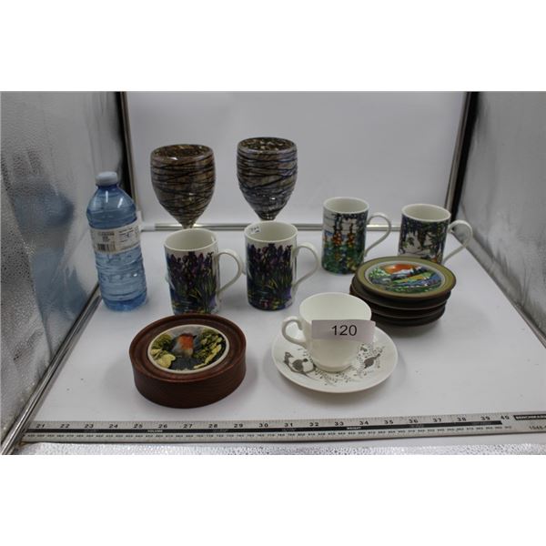2 Glass Wine Goblets, 4 Dunoon Mugs,