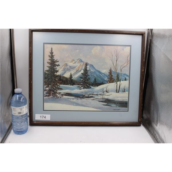 Framed, Signed Print  of Winter Scene in Mountan