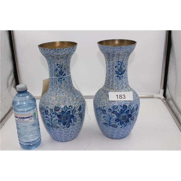 Pair of Antique Hand Painted Brass Vases