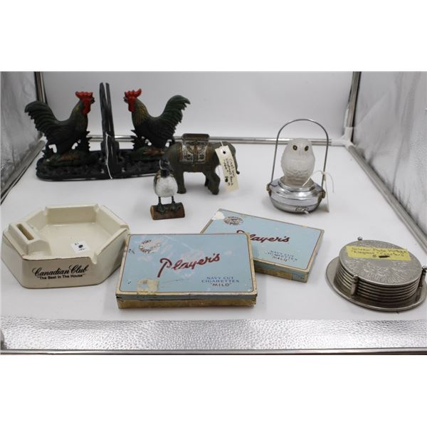 Cast Iron Rooster Bookends, Ashtray, Players Tins