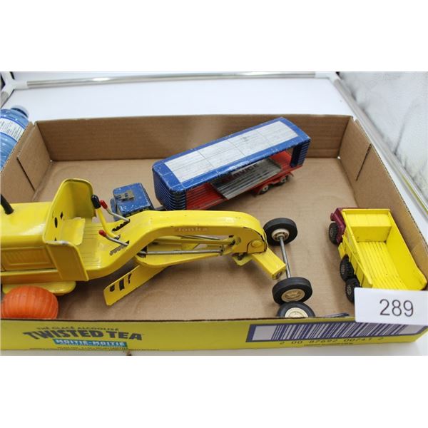 Vintage Toys:  Metal Grader (damaged), Dump Truck,