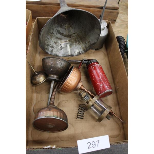 Antique Small Oil DIspencers and 2 Oil Funnels