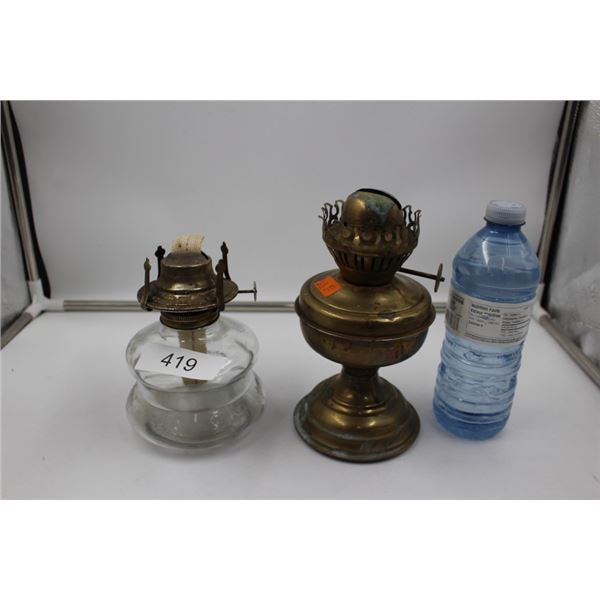 2 Vintage Oil Lamp Base, Brass and Glass