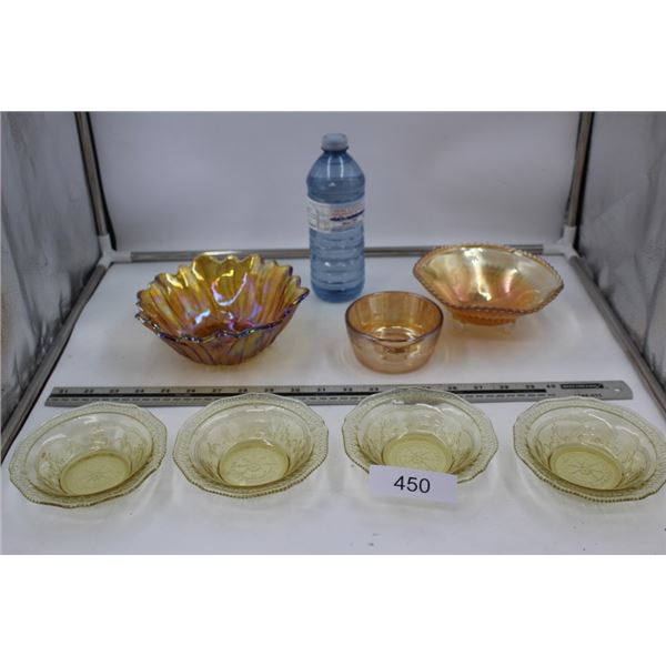 4 Antique Berry Bowls and 3 Amber Glass Bowls